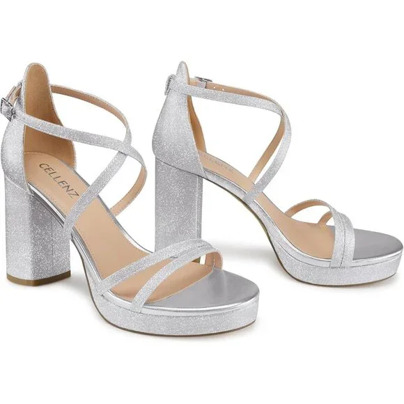 Women's Pink-Glitter Sandal Stylish Comfortable Chunky Blocked Strappy Heel Shoe - Picture 4 of 5